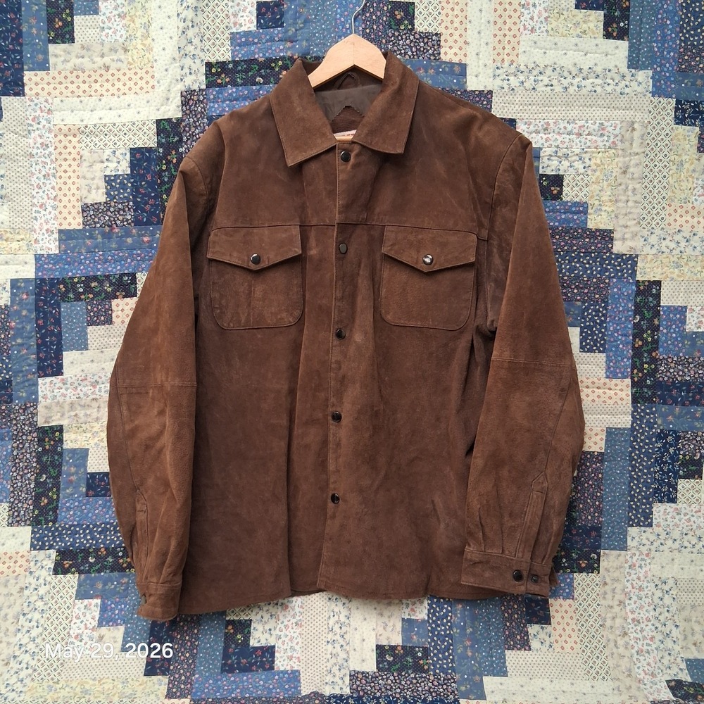 Vintage Duke Leather Shirt Jacket Mens XL Brown Suede Shacket Snap Front Lined